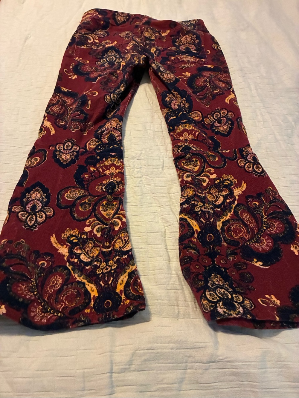 Free People Maroon Paisley Flare Pants with Navy & Gold Accents